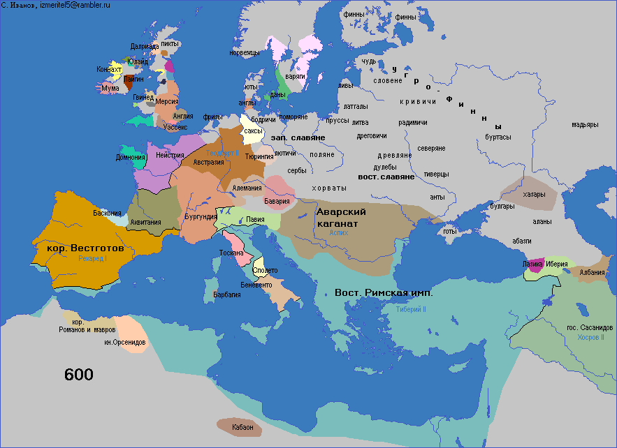 Карта Европы 600 г.